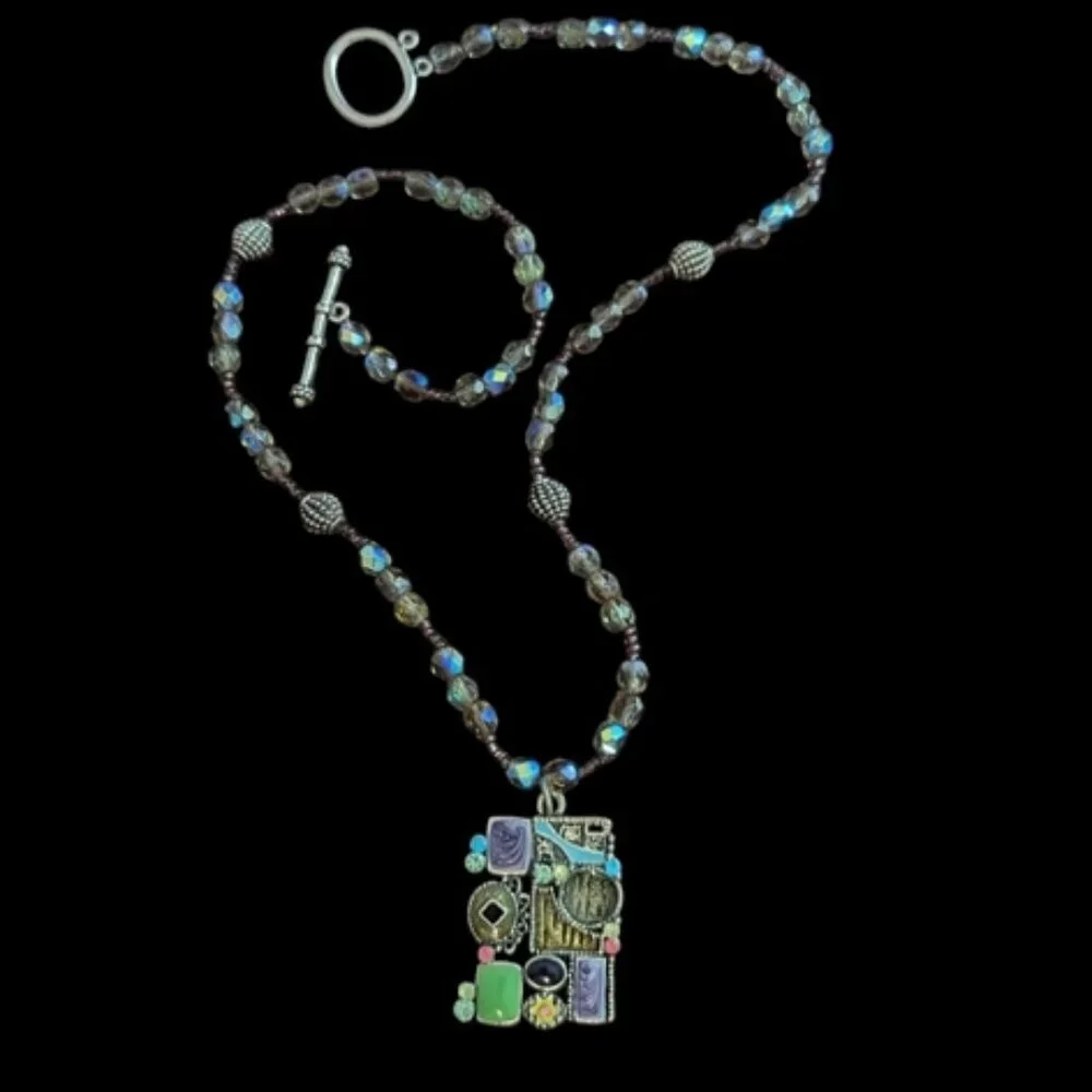 Micro Mosaic Y2K Enamel‎ Steampunk Glass Beaded Necklace Boho Wearable Art Metal